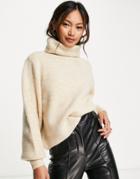 Topshop Knit Ribbed Crop Sweater With Roll Neck In Sand-neutral