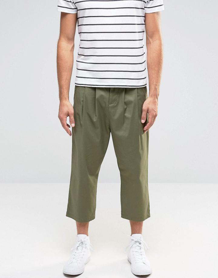 Asos Slim Cropped Pants With Pleats In Khaki - Green