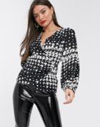 River Island Long Sleeve Wrap Blouse In Black Check-multi