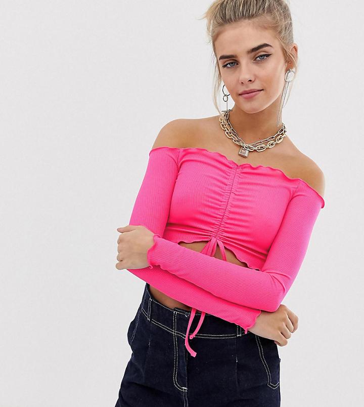 Collusion Ruched Rib Front Off Shoulder Top In Pink