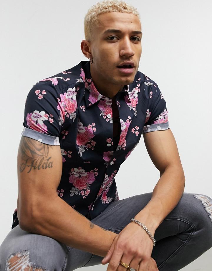 Asos Design Stretch Slim Floral Shirt In Navy