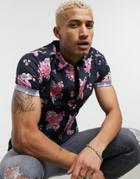 Asos Design Stretch Slim Floral Shirt In Navy