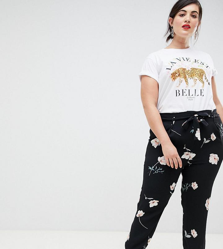 River Island Plus Tapered Pants With Tie Waist Detail In Floral - Multi