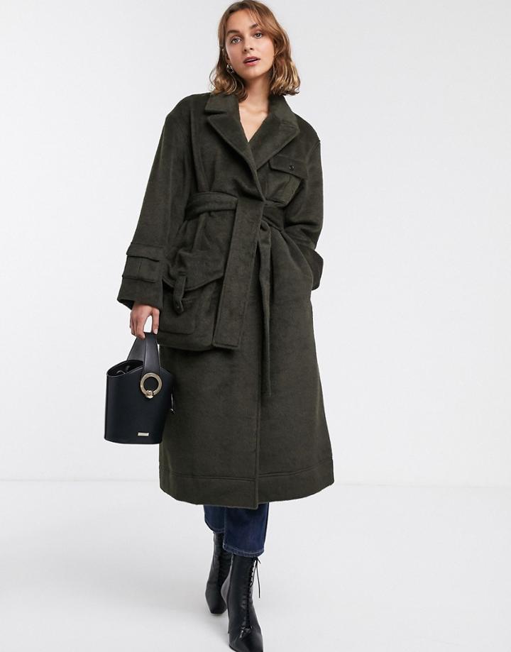 Asos Design Brushed Utility Coat In Khaki-green