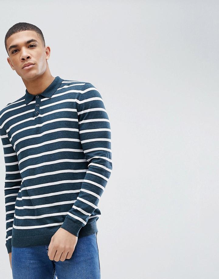 Asos Knitted Striped Polo In Dark Teal - Navy