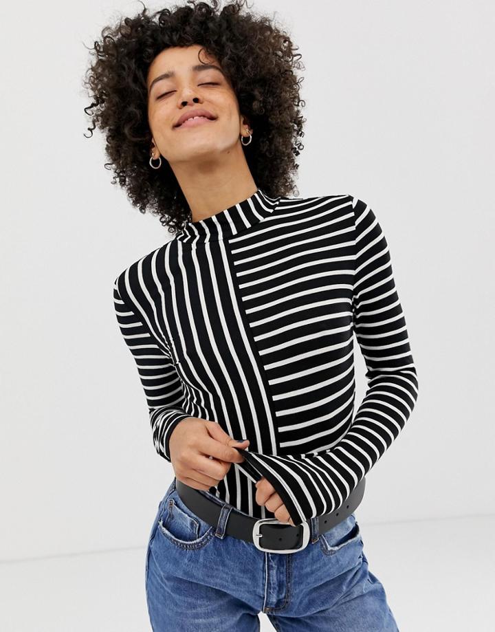 Pieces Aluma High Neck Stripe Long Sleeved Top - Black