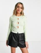 Topshop Front Cut-out Striped Long Sleeve Top In Green And White-multi
