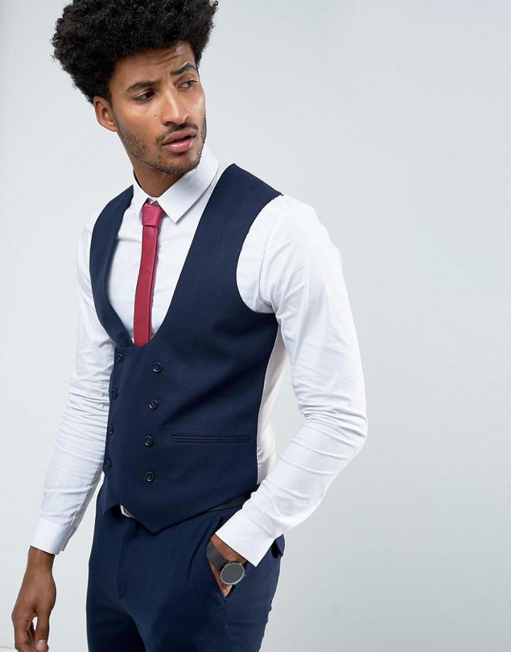 Asos Wedding Skinny Suit Vest In Woven Texture In Navy - Navy