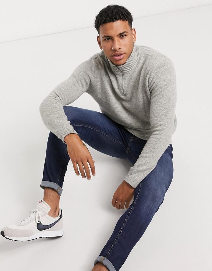Asos Design Lambswool Half Zip Sweater In Light Gray