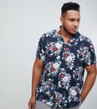 Asos Design Plus Regular Fit Japanese Floral Shirt In Navy With Revere Collar - Navy