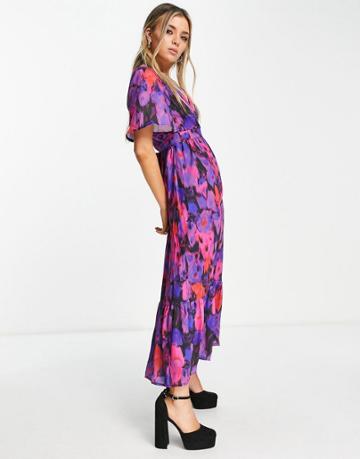 Twisted Wunder Midi Wrap Dress In Smudge Floral Print-purple