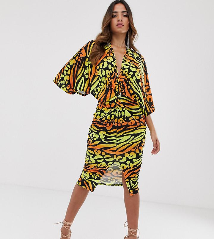 Flounce London Twist Front Midi Dress In Yellow Animal-multi