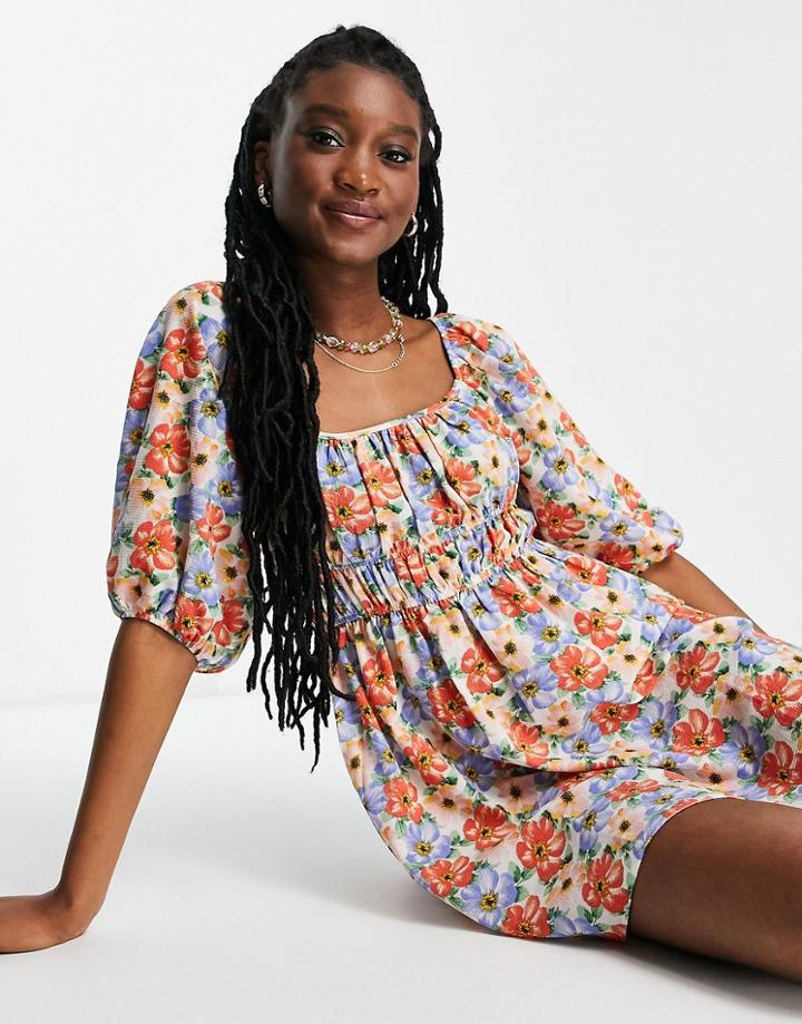 Asos Design Ruched Bust Mini Skater Dress With Puff Sleeve In Bold Floral Print-multi