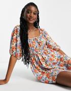 Asos Design Ruched Bust Mini Skater Dress With Puff Sleeve In Bold Floral Print-multi