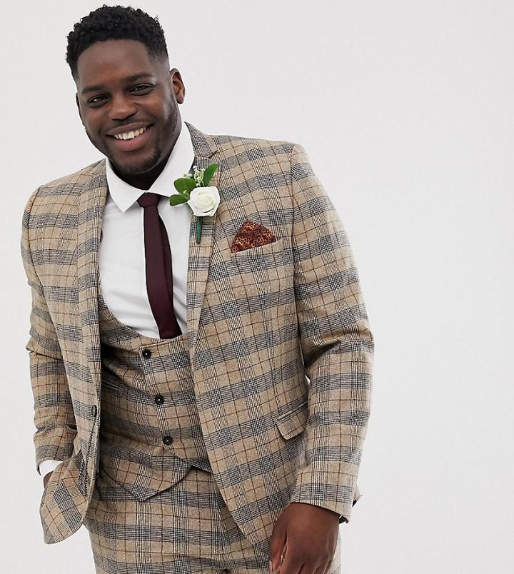 Twisted Tailor Plus Skinny Suit Jacket With Chain In Heritage Brown Check - Tan