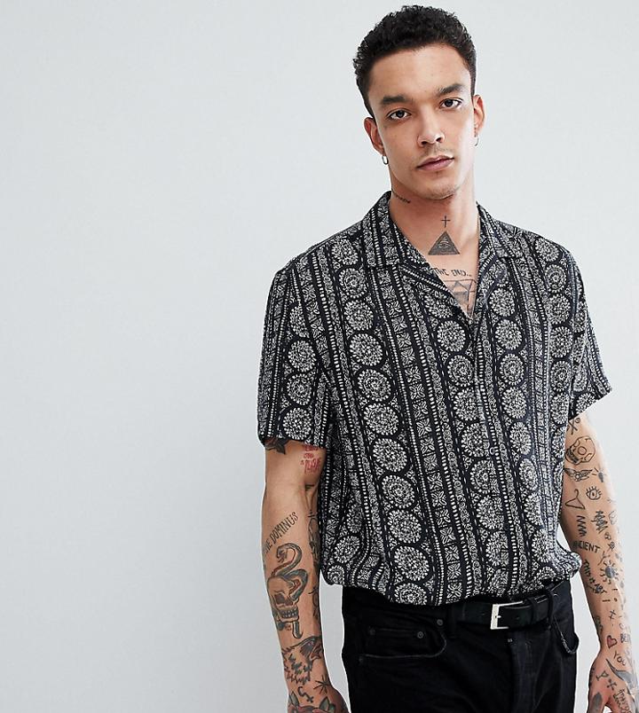 Asos Design Regular Fit Crinkle Fabric Geo-tribal Shirt With Revere Collar - Black