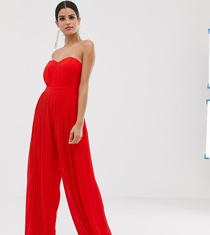 Tfnc Tall Bandeau Pleated Wide Leg Jumpsuit In Red