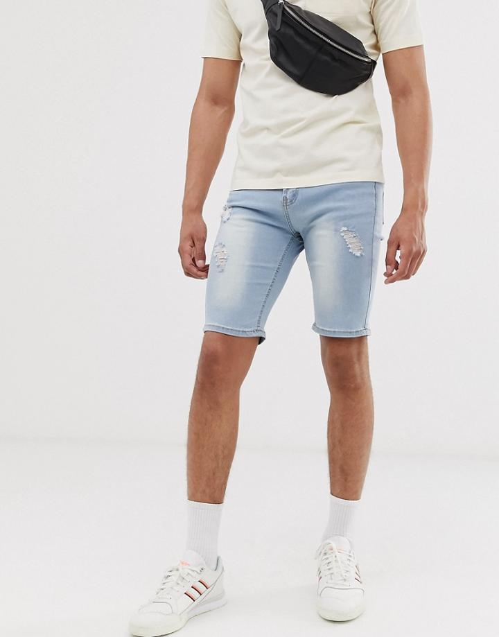 Good For Nothing Denim Shorts In Light Blue With Distressing - Blue