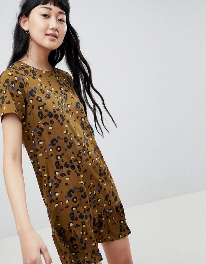 Daisy Street Shift Dress With Frill Hem In Leopard Print - Green