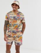 Asos Design Two-piece Relaxed T-shirt With All Over Souvenir Print In Linen Look - Brown