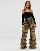 Asos Design Wide Leg Pants In Floral Print Mesh With Ruffle Hem-multi