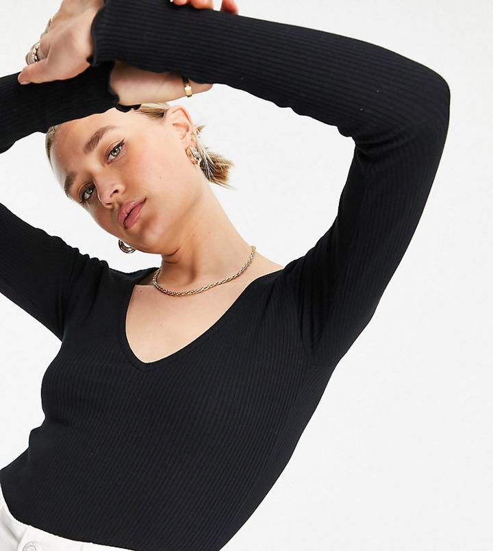 Asos Design Tall V-neck Top With Lettuce Edges In Black