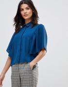 Asos Design Cropped Blouse With Flutter Sleeve - Blue