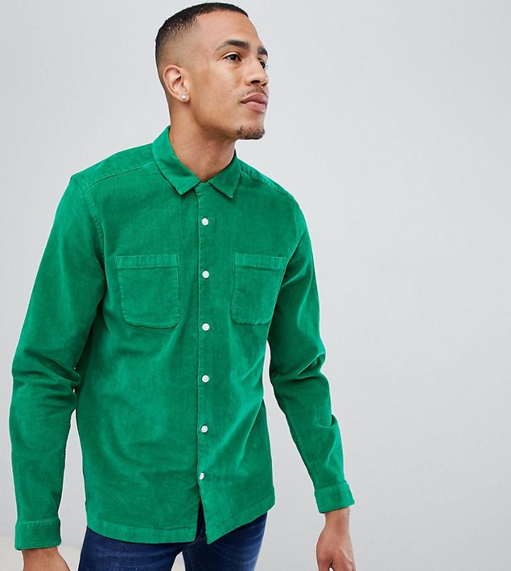 Asos Design Tall Stretch Slim Cord Shirt With Revere Collar In Green - Green