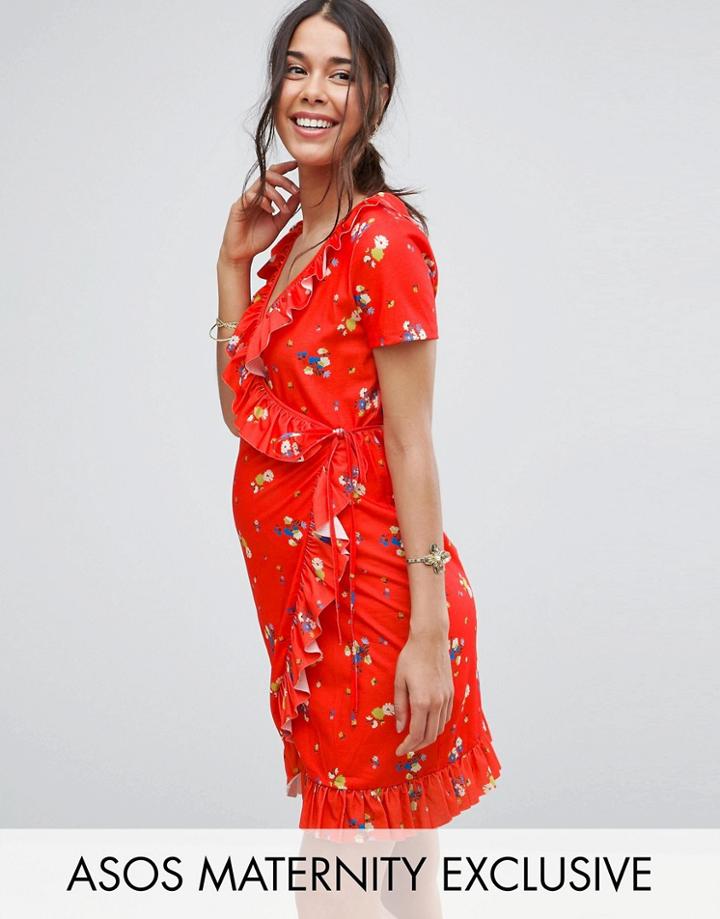 Asos Maternity Print Frill Wrap Mini Dress - Red