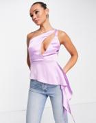 Asos Design One Shoulder Cami With Asymmetic Drape & Cut Out In Lilac-purple