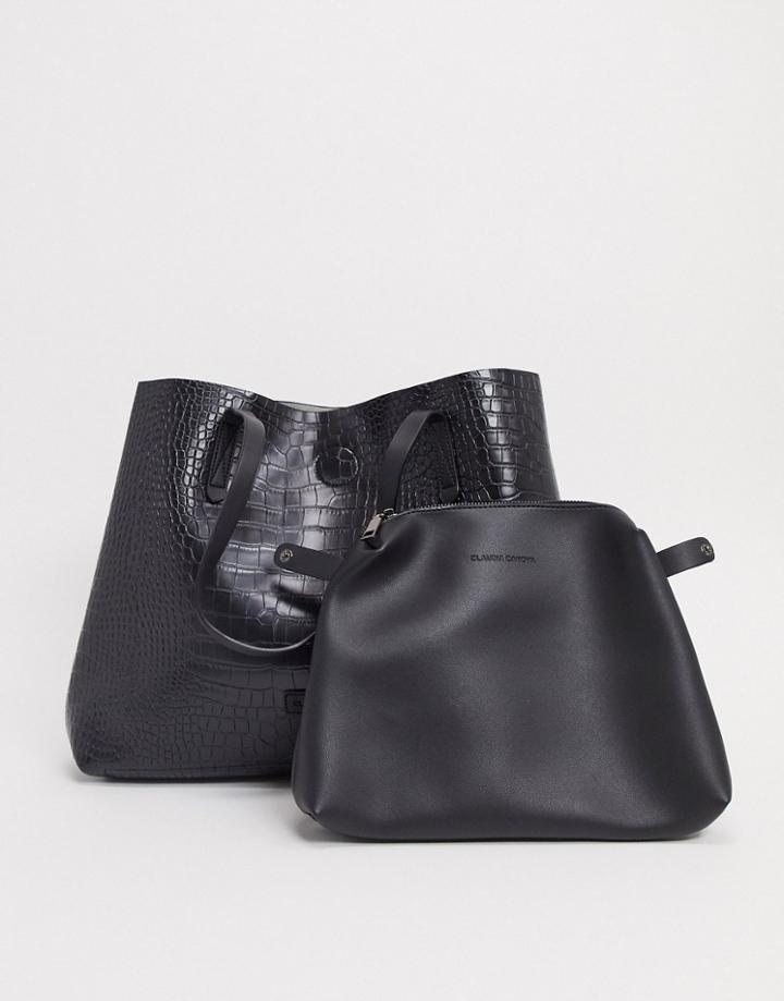 Claudia Canova Unlined A-line Tote Bag With Removable Pouch In Black Croc