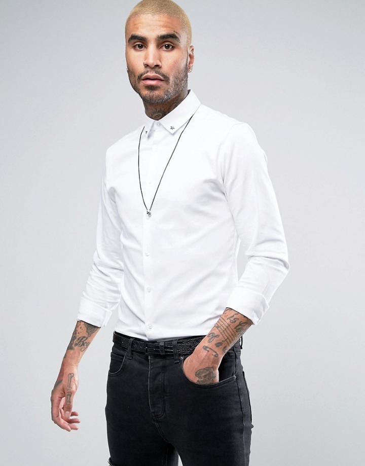 Asos Skinny Sateen Shirt In White With Star Studded Collar - White