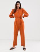 Asos Design Shirt Jumpsuit With Button Front And Contrast Stitching - Brown