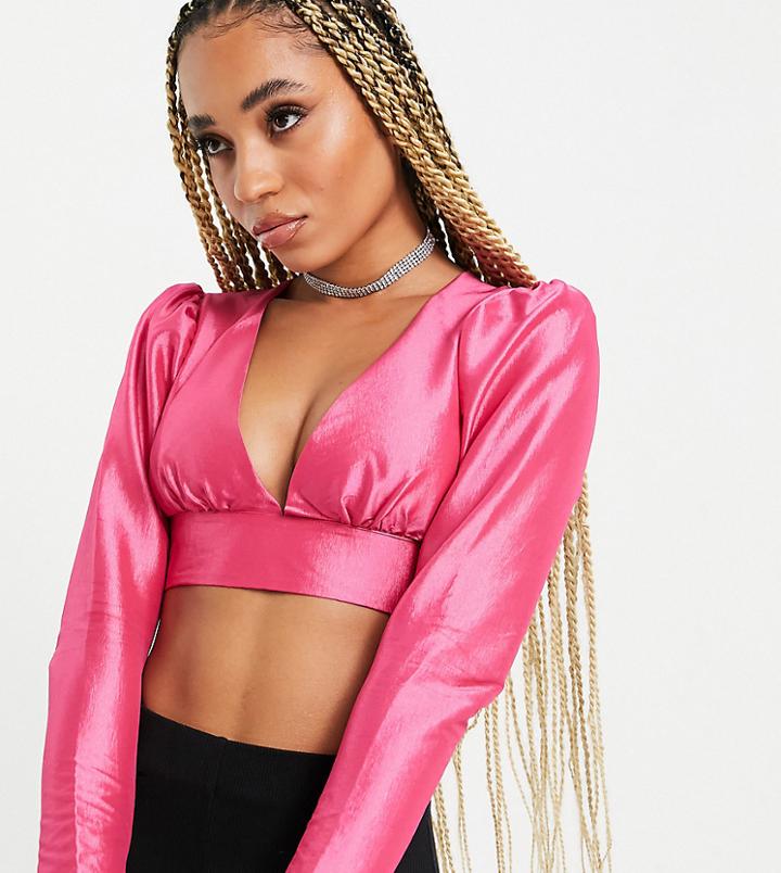 Collective The Label Exclusive Puff Sleeve Plunge Taffeta Top In Pink - Part Of A Set
