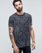 Asos Longline T-shirt With Distressed Tonal Tapestry Print - Black