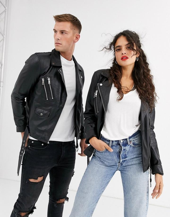 Barney's Originals Unisex Leather Biker Jacket-black