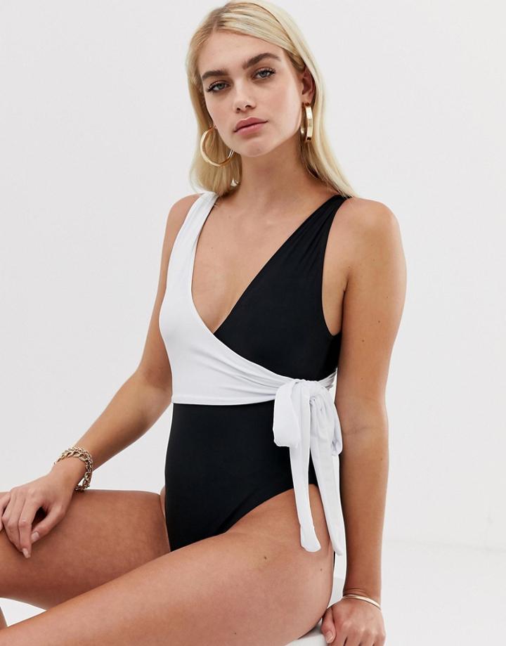 Boohoo Contrast Wrap Swimsuit In Mono - Multi