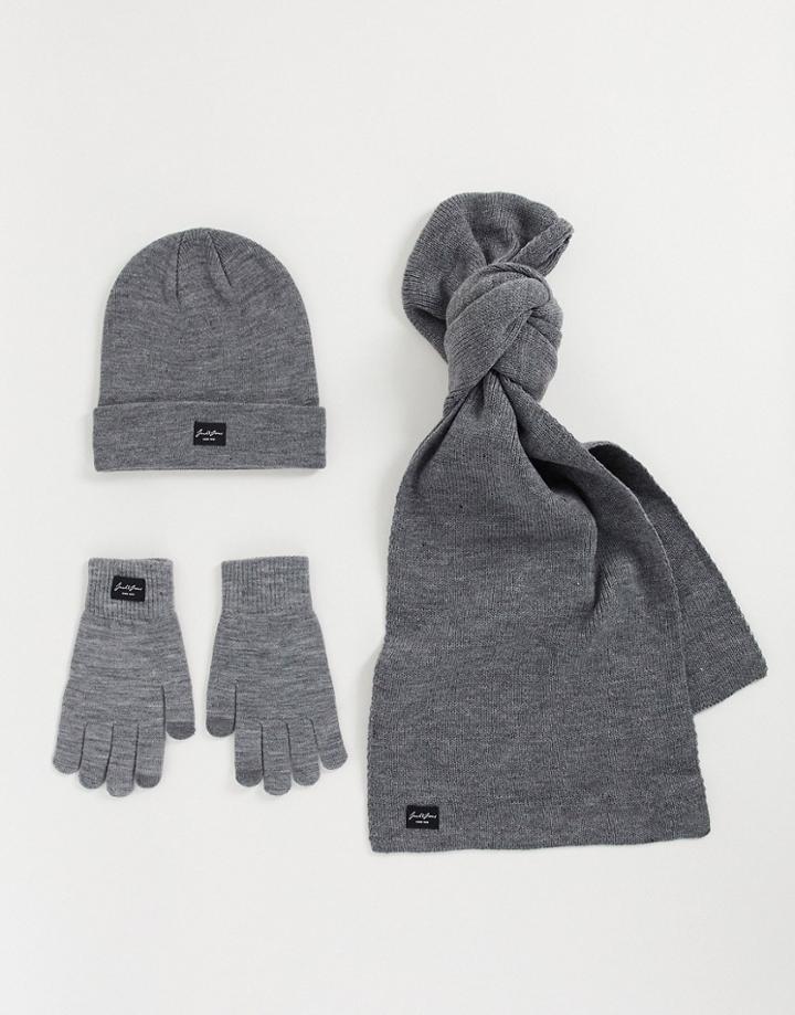 Jack & Jones Hat, Scarf & Gloves Set In Gray-grey