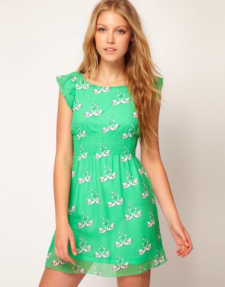 Sugarhill Boutique Chiffon Kissing Swans Skater Dress - Brown