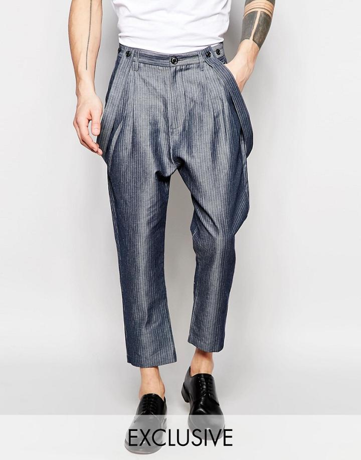 Black Eye Rags Drop Crotch Pants With Pinstripe - Blue