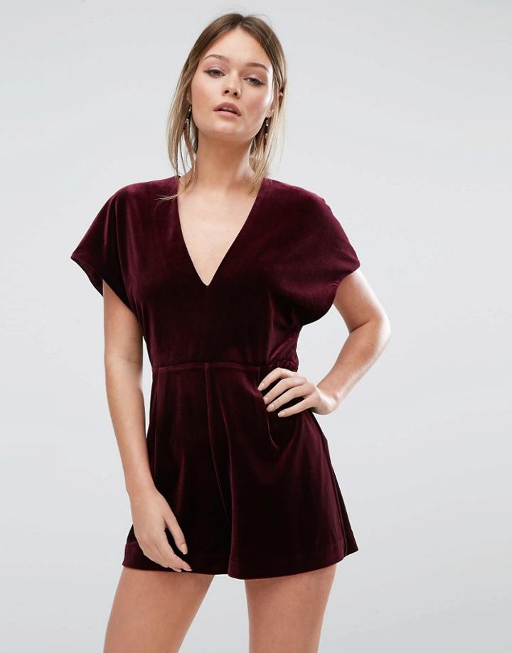 New Look Velvet Kimono Sleeve Romper - Red