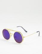 Spitfire Lennon Flip Round Sunglasses In Gold With Purple Mirror Lens
