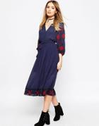 Asos Premium Embroidered Sleeve Tassel Tie Dress - Navy