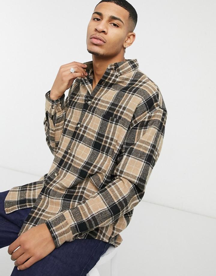 Asos Design Wool Mix 90s Oversized Shirt In Brown Tartan Check