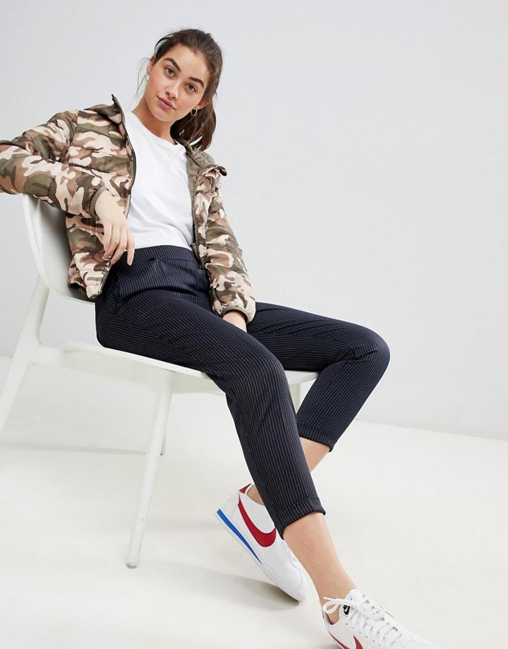 Pull & Bear Peg Leg Pants In Navy Pinstripe - Navy