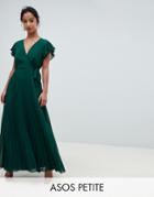 Asos Design Petite Pleated Maxi Dress With Flutter Sleeve - Green