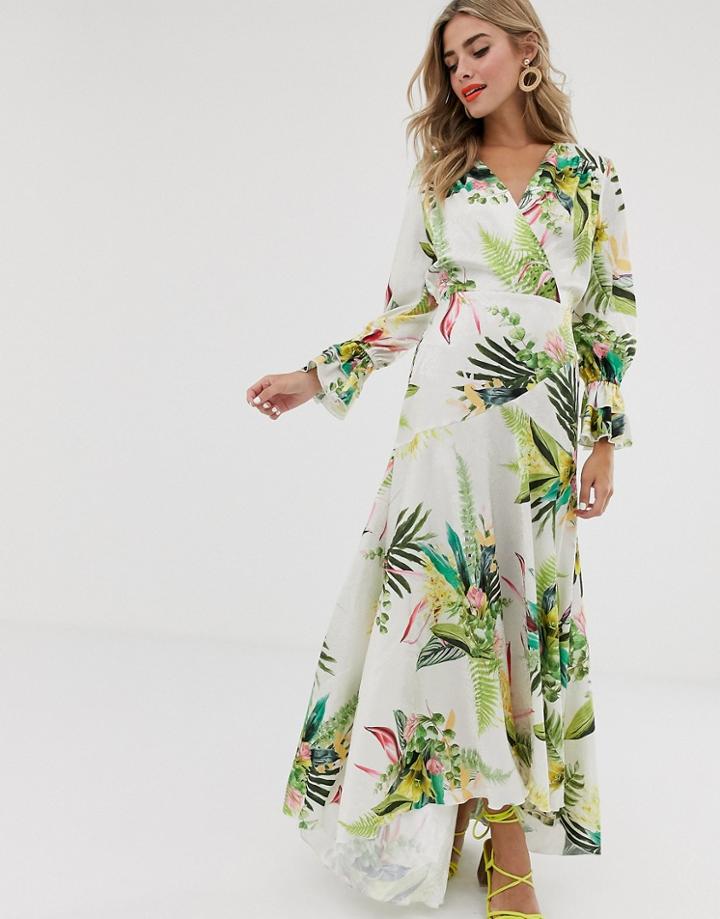 Twisted Wunder Satin Wrap Dress In Botanical Floral-multi