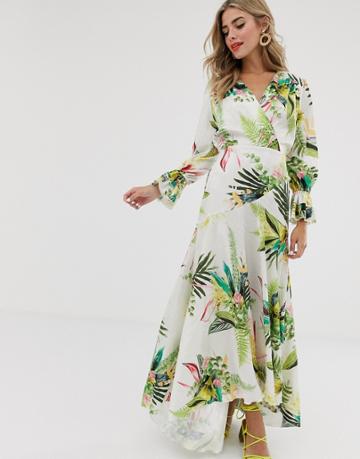 Twisted Wunder Satin Wrap Dress In Botanical Floral-multi
