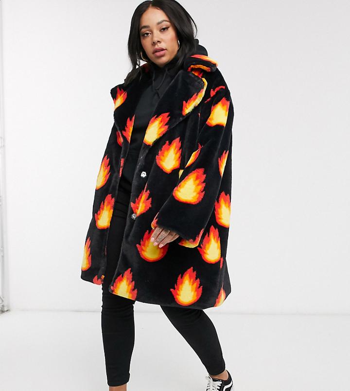 Daisy Street Plus Coat In Flame Print Faux Fur-black