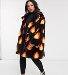 Daisy Street Plus Coat In Flame Print Faux Fur-black